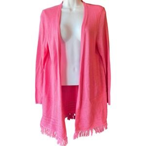 Talbots Petite Pink Open Front Cardigan Fringe Hem Lightweight Medium Petite